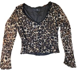 Womens Leopard Print Lace V-Neck Long Sleeve Top Brown Black M Sheer Sleeves